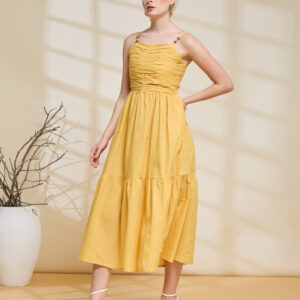 Women's Mustard Yellow Ruched Midi Dress